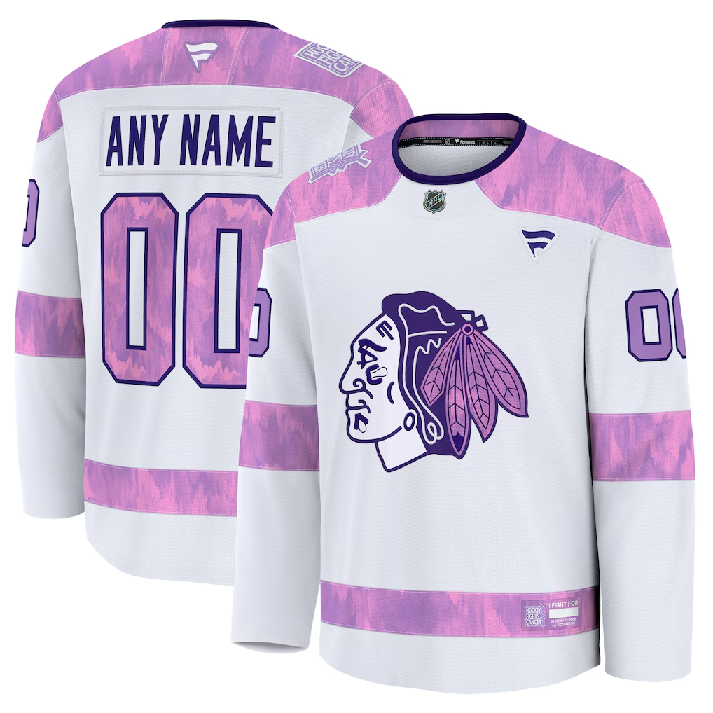 Men's Chicago Blackhawks Fanatics White Purple 2024 Hockey Fights Cancer Practice Custom Jersey