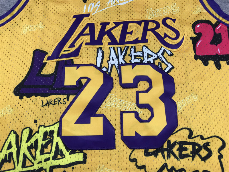Men's Los Angeles Lakers LeBron James #23 Yellow Swingman Graffiti Edition Jersey1