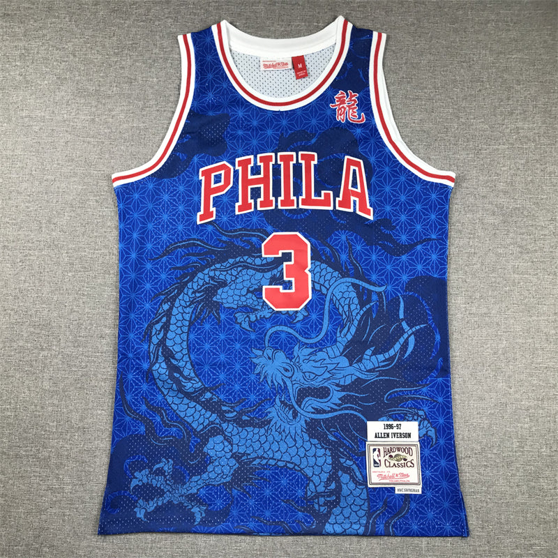 Men's Philadelphia 76ers Allen Iverson #3 Blue Year of Dragon Edition Swingman Jersey1