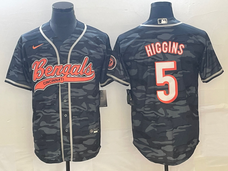 Men's Cincinnati Bengals Tee Higgins #5 Grey Camouflage Fashion Game Jersey1