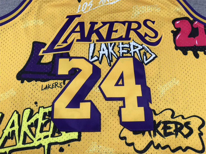 Men's Los Angeles Lakers Kobe Bryant #24 Yellow Swingman Graffiti Edition Jersey1