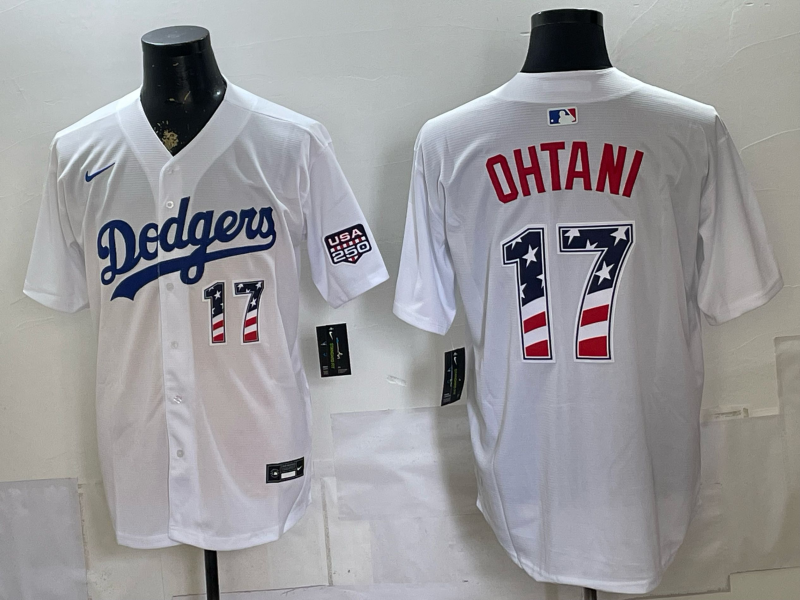 Men's Los Angeles Dodgers Shohei Ohtani #17 White USA 250 Fourth of July Home Stadium Jersey