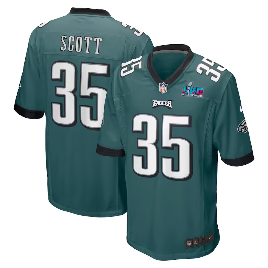 Men's Philadelphia Eagles Boston Scott #35 Midnight Green Super Bowl LVII Patch Game Jersey1
