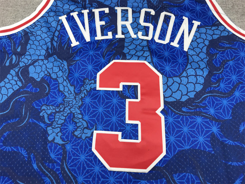 Men's Philadelphia 76ers Allen Iverson #3 Blue Year of Dragon Edition Swingman Jersey1