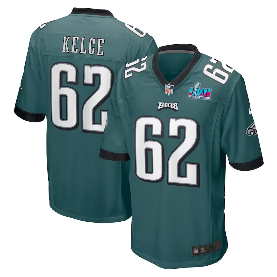 Men's Philadelphia Eagles Jason Kelce #62 Midnight Green Super Bowl LVII Patch Game Jersey1
