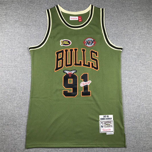 Men's Chicago Bulls Dennis Rodman #91 Army Green 1997-98 Hardwood Classics Swingman Jersey1