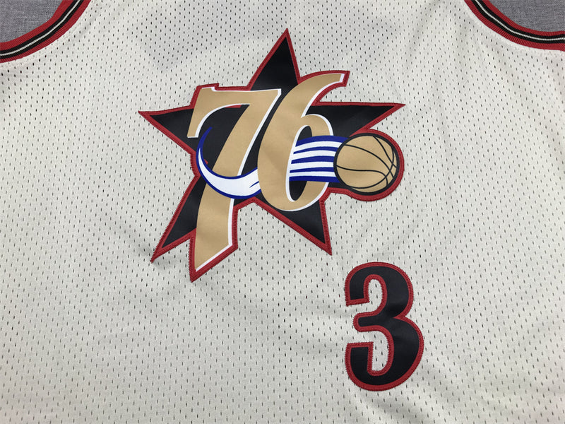 Men's Philadelphia 76ers Allen Iverson #3 Cream Chainstitch Swingman Jersey1
