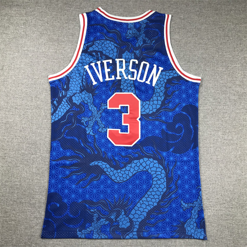 Men's Philadelphia 76ers Allen Iverson #3 Blue Year of Dragon Edition Swingman Jersey1