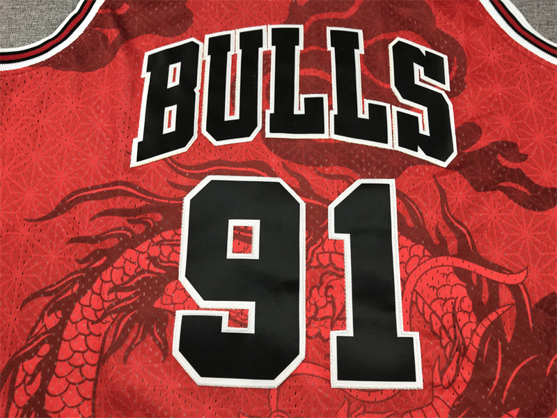 Men's Chicago Bulls Dennis Rodman #91 Red Year of Dragon Edition Swingman Jersey1