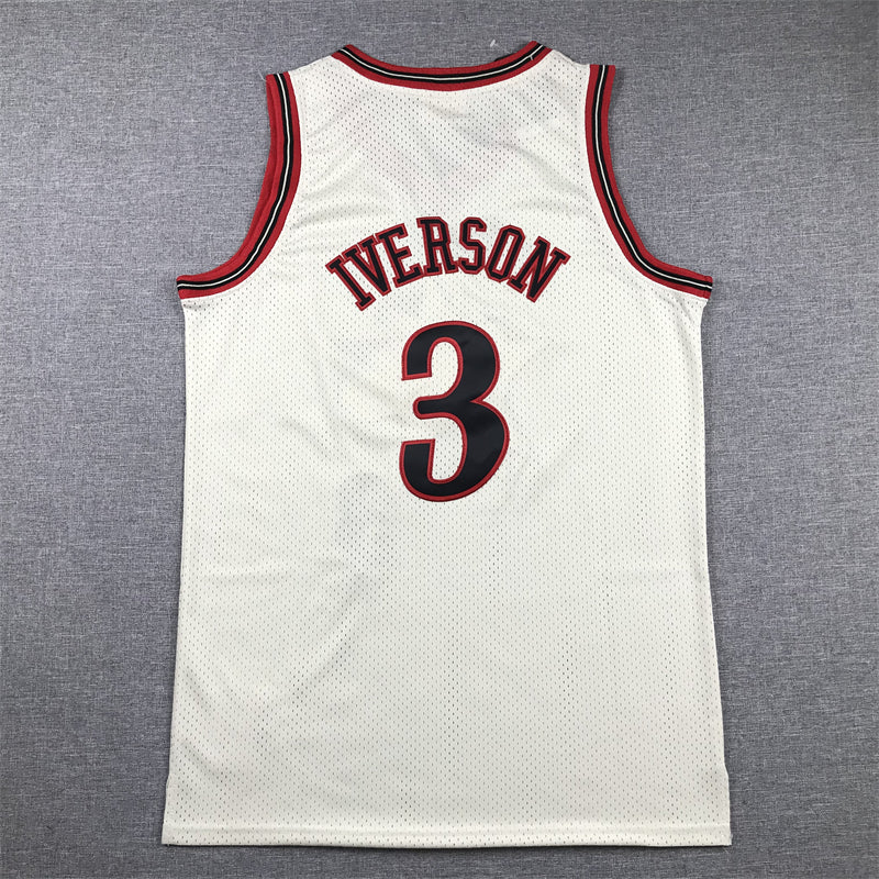 Men's Philadelphia 76ers Allen Iverson #3 Cream Chainstitch Swingman Jersey1