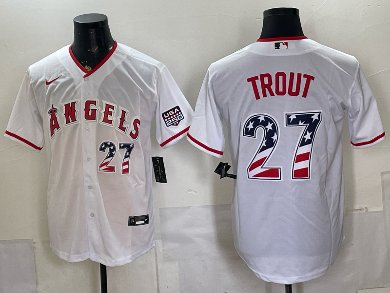 Men's Los Angeles Angels Mike Trout #27 White USA 250 Fourth of July Home Stadium Jersey