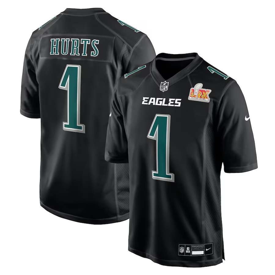 Men's Philadelphia Eagles Jalen Hurts #1 Carbon Black Super Bowl LIX Fashion Game Player Jersey1