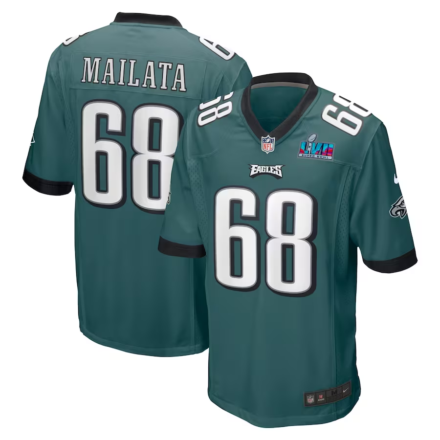 Men's Philadelphia Eagles Jordan Mailata #68 Midnight Green Super Bowl LVII Patch Game Jersey1