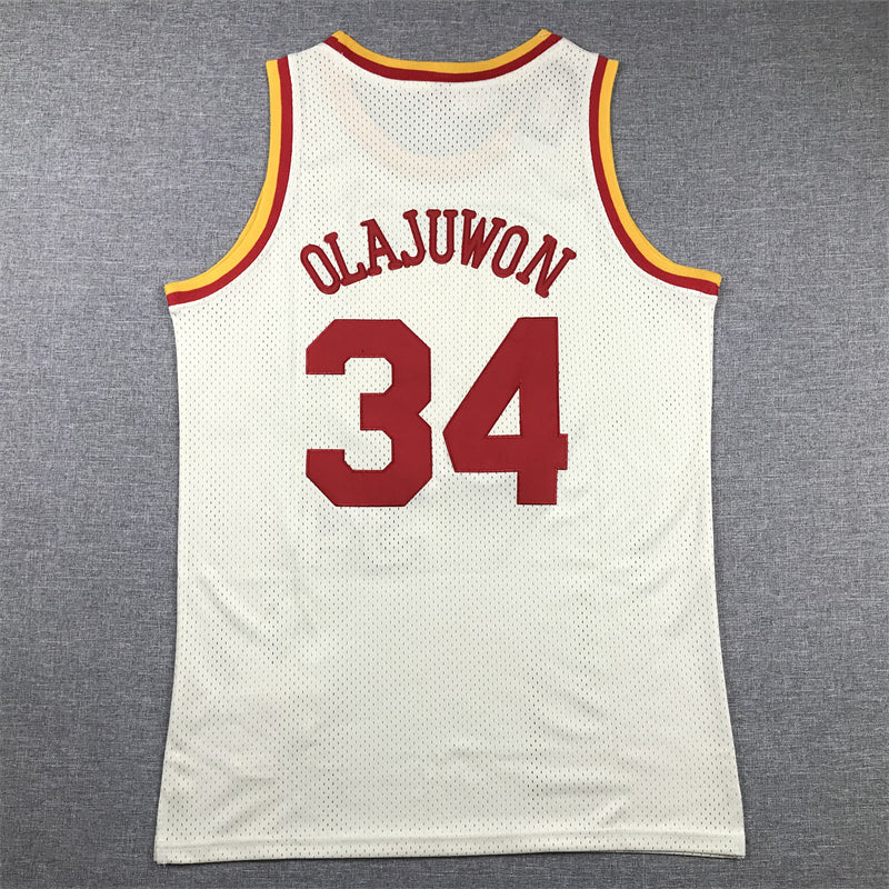 Men's Houston Rockets Hakeem Olajuwon #34 Cream Chainstitch Swingman Jersey1