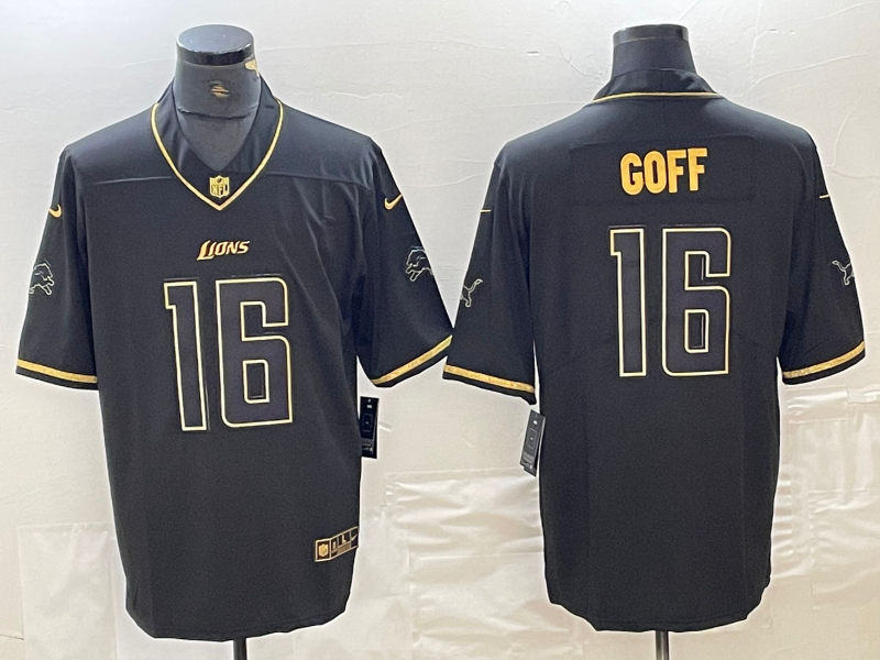Men's Detroit Lions Jared Goff #16 Black Game Jersey1