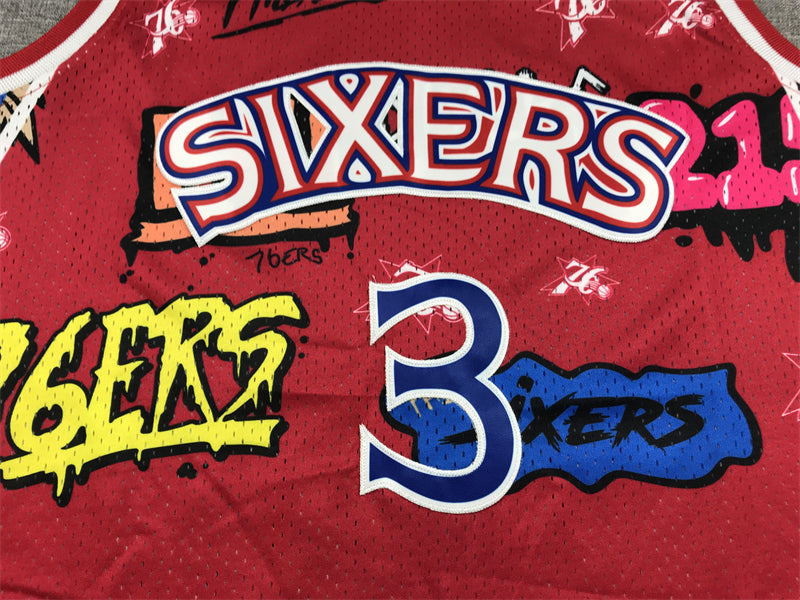 Men's Philadelphia 76ers Allen Iverson #3 Red Swingman Graffiti Edition Jersey1