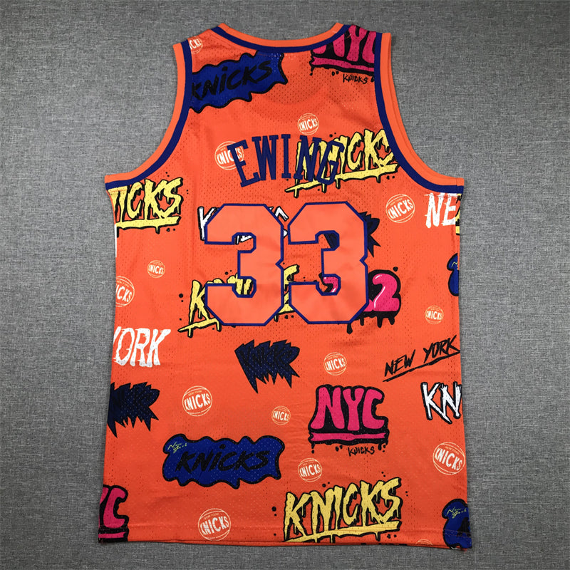 Men's New York Knicks Patrick Ewing #33 Orange Swingman Graffiti Edition Jersey1