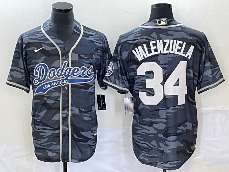 Men's Los Angeles Dodgers Fernando Valenzuela #34 Grey Camouflage Player Jersey1 Joint Edition