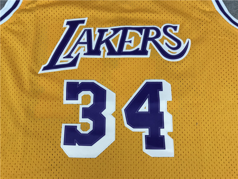 Men's Los Angeles Lakers Shaquille O'Neal #34 Yellow 1996-97 Classics Jersey1