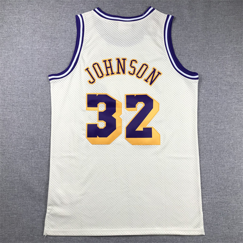 Men's Los Angeles Lakers Magic Johnson #32 Cream Hardwood Classics Swingman Jersey1
