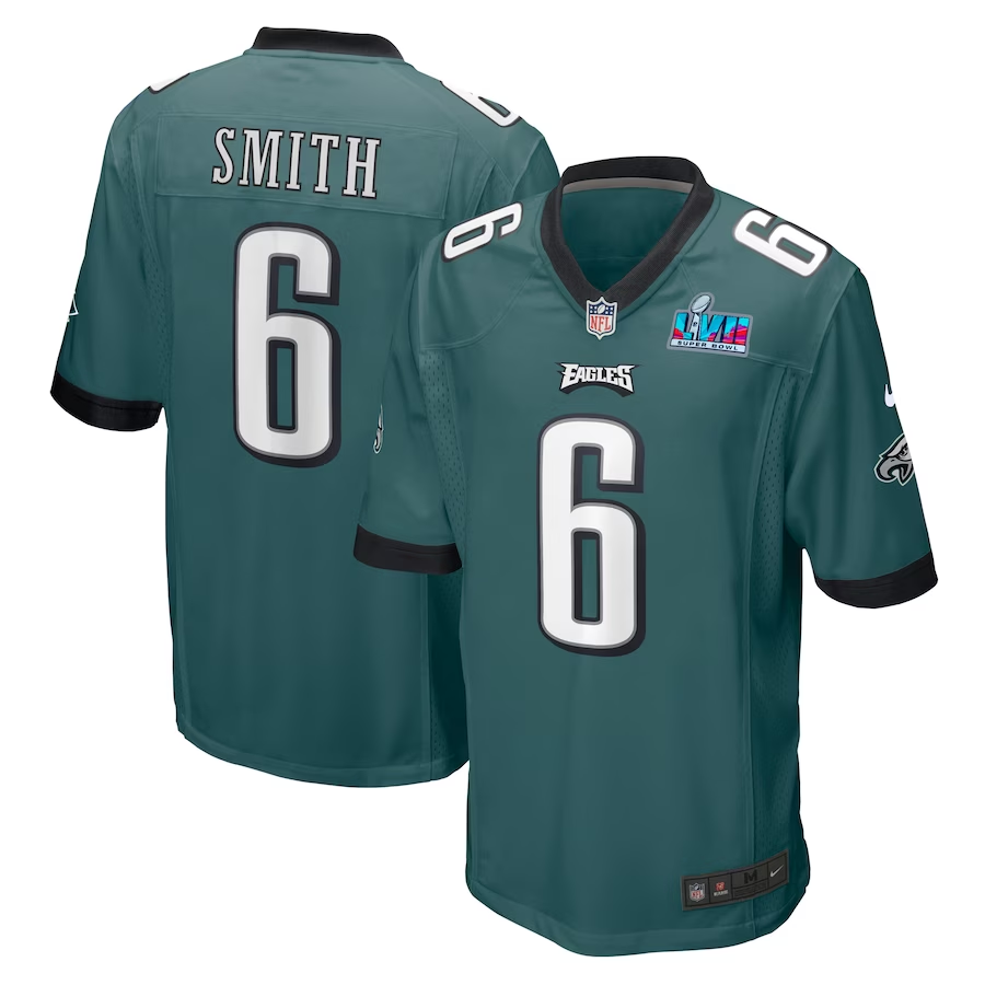 Men's Philadelphia Eagles DeVonta Smith #6 Midnight Green Super Bowl LVII Patch Game Jersey1
