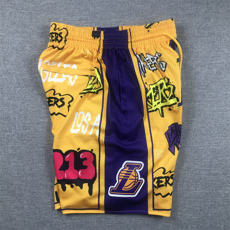 Men's Los Angeles Lakers Yellow Graffiti Edition Pocket Shorts1