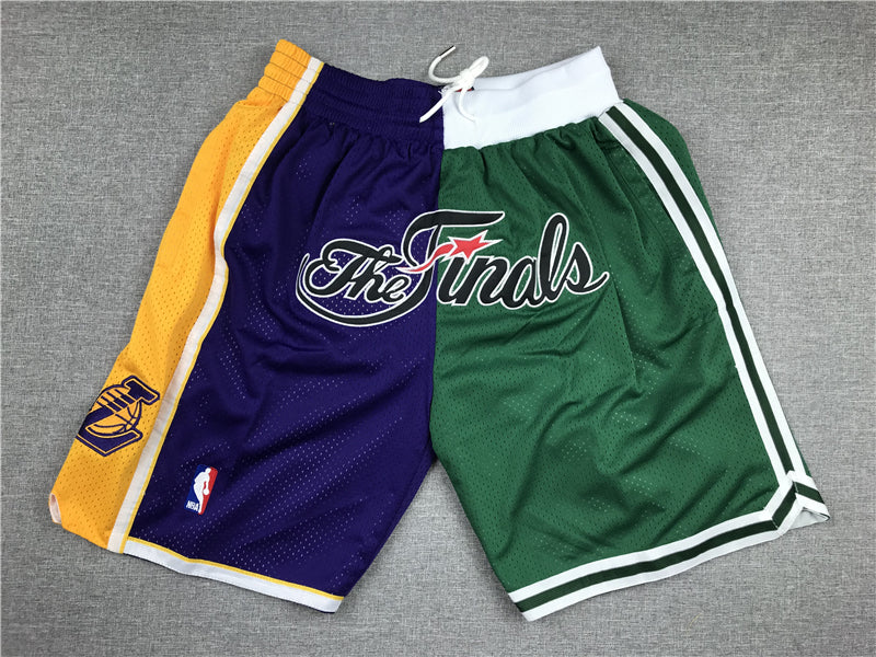 Men's Los Angeles Lakers/Boston Celtics Purple/Green Splicing Basketball Shorts1