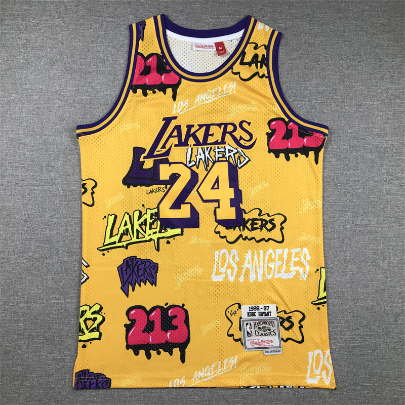 Men's Los Angeles Lakers Kobe Bryant #24 Yellow Swingman Graffiti Edition Jersey1
