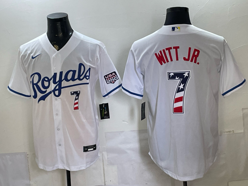 Men's Kansas City Royals Bobby Witt Jr. #7 White USA 250 Fourth of July Home Stadium Jersey