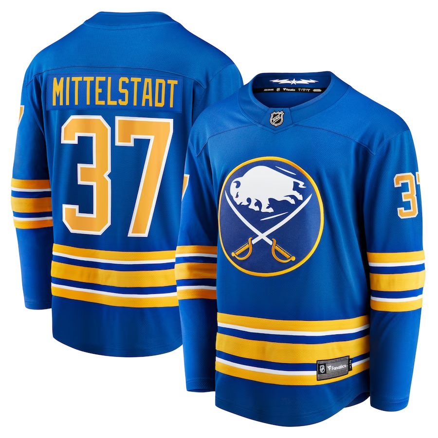 Casey Mittelstadt #37 Buffalo Sabres Royal Replica Player Jersey - JerseysFreak