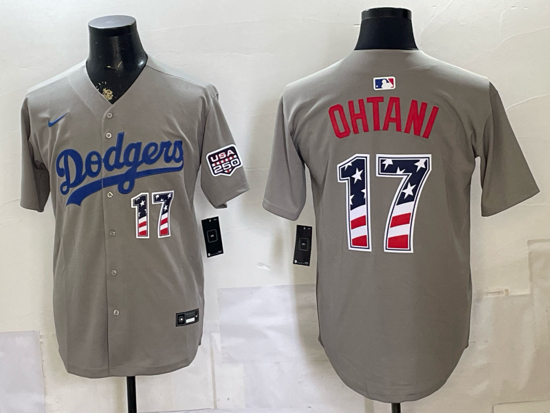 Men's Los Angeles Dodgers Shohei Ohtani #17 Gray USA 250 Fourth of July Home Stadium Jersey