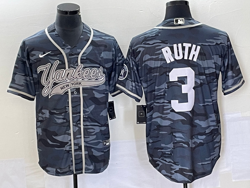 Men's New York Yankees Babe Ruth #3 Grey Camouflage Player Jersey1 Joint Edition