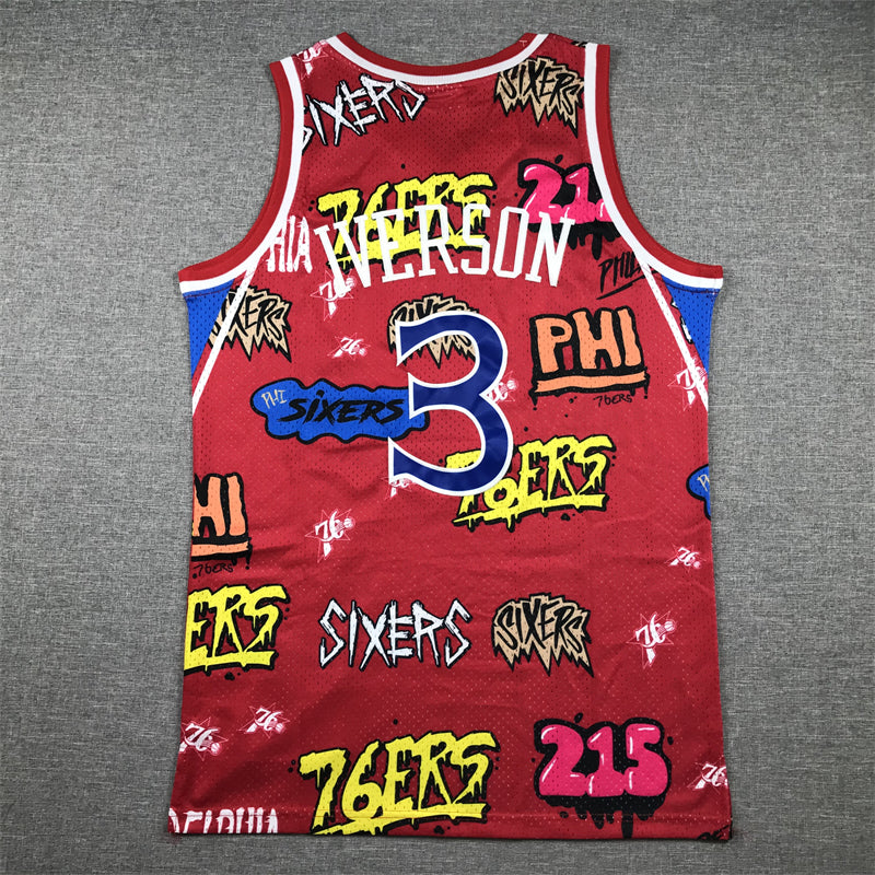 Men's Philadelphia 76ers Allen Iverson #3 Red Swingman Graffiti Edition Jersey1