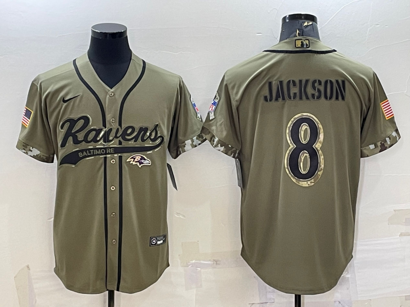 Men's Baltimore Ravens Lamar Jackson #8 Olive 2022 Salute To Service Limited Jersey1 Joint Edition