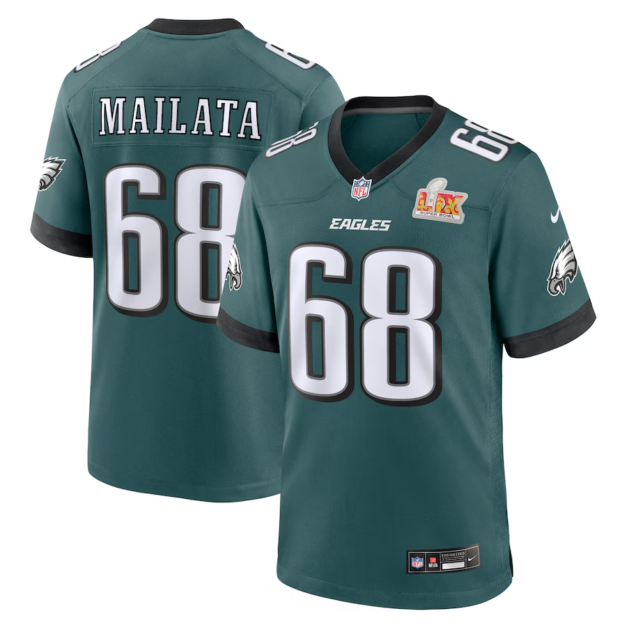 Men's Philadelphia Eagles Jordan Mailata #68 Midnight Green Super Bowl LIX Game Player Jersey1