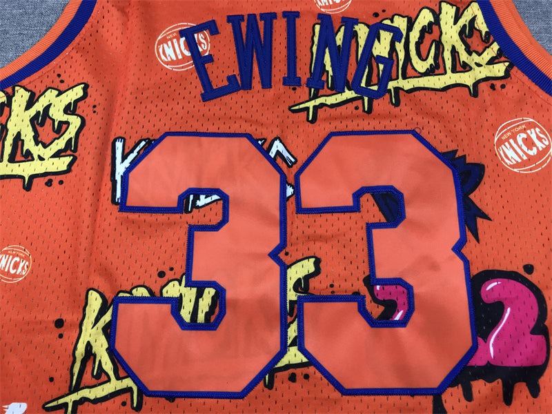 Men's New York Knicks Patrick Ewing #33 Orange Swingman Graffiti Edition Jersey1