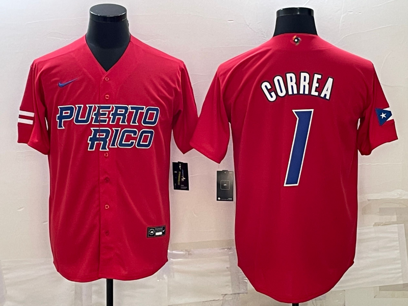 Men's 2023 World Baseball Classic #1 Carlos Correa Puerto Rico Red Jersey1