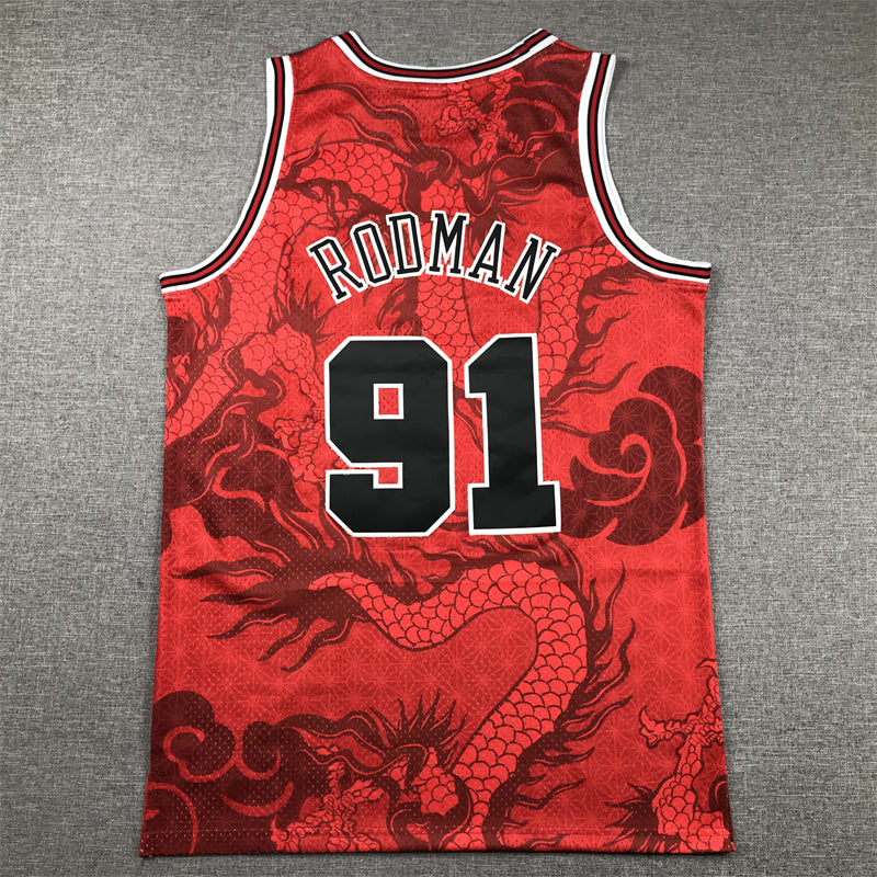 Men's Chicago Bulls Dennis Rodman #91 Red Year of Dragon Edition Swingman Jersey1