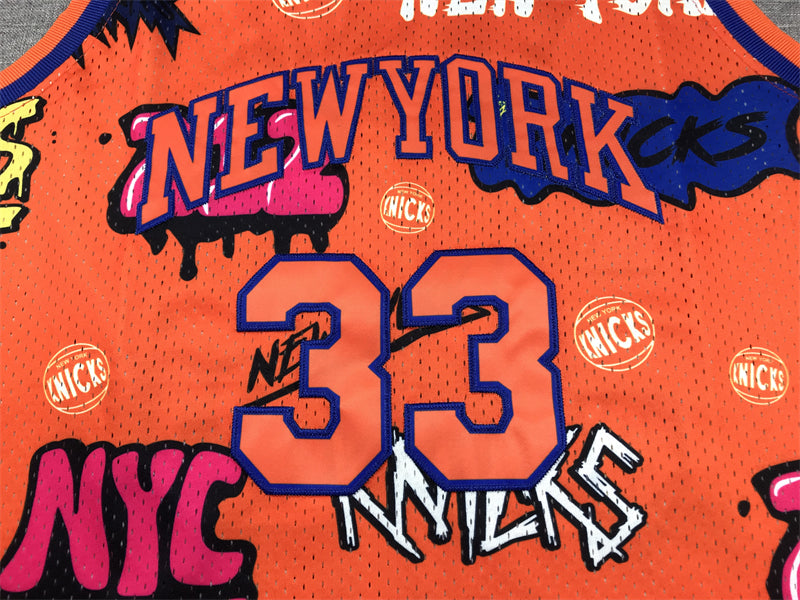 Men's New York Knicks Patrick Ewing #33 Orange Swingman Graffiti Edition Jersey1