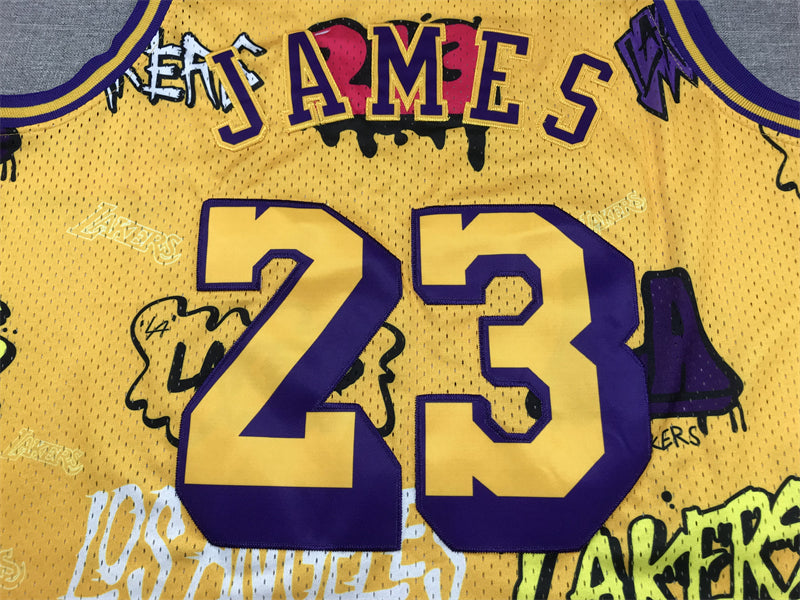 Men's Los Angeles Lakers LeBron James #23 Yellow Swingman Graffiti Edition Jersey1
