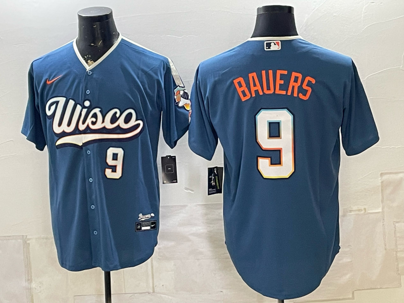 Men's Milwaukee Brewers Jake Bauers #9 Mineral Blue 2026 City Connect Stadium Jersey