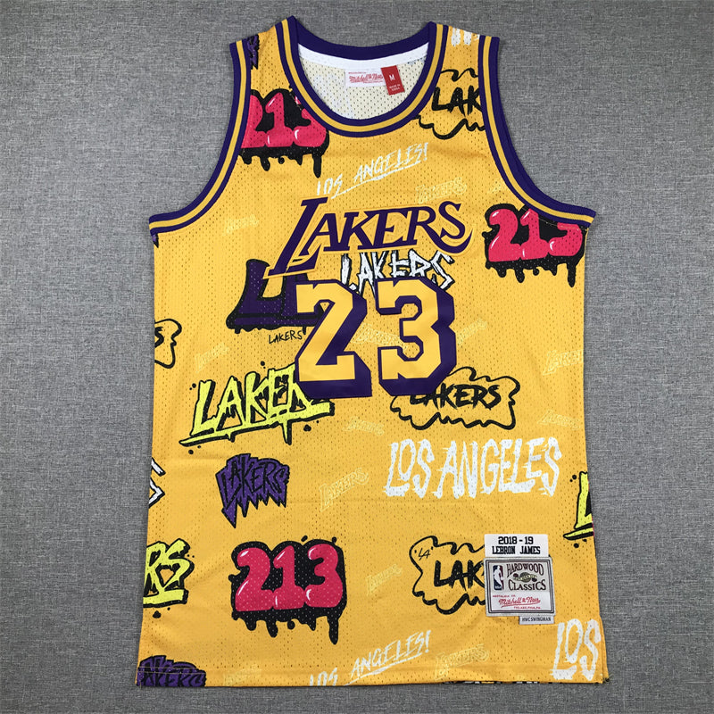 Men's Los Angeles Lakers LeBron James #23 Yellow Swingman Graffiti Edition Jersey1