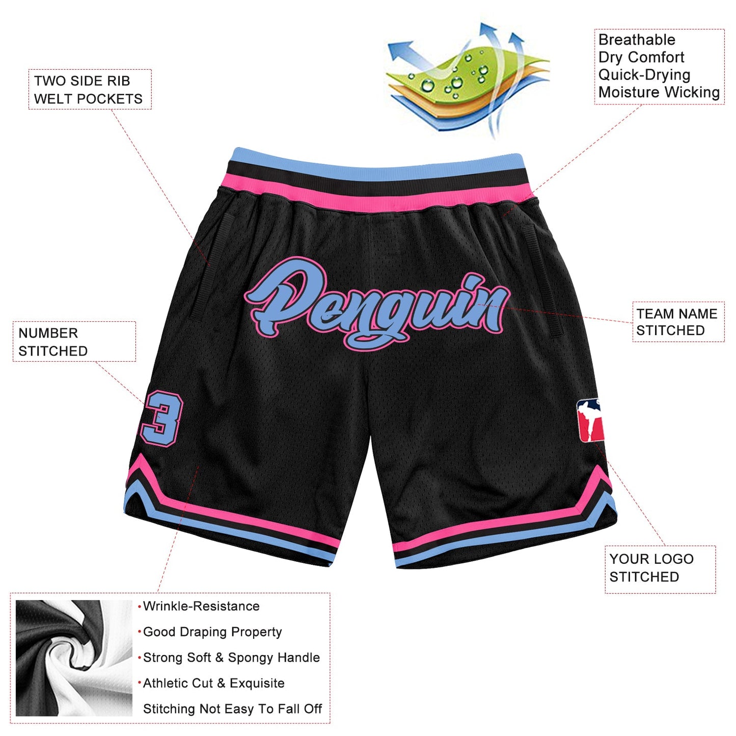 Custom Black Light Blue Pink Basketball Shorts - 3