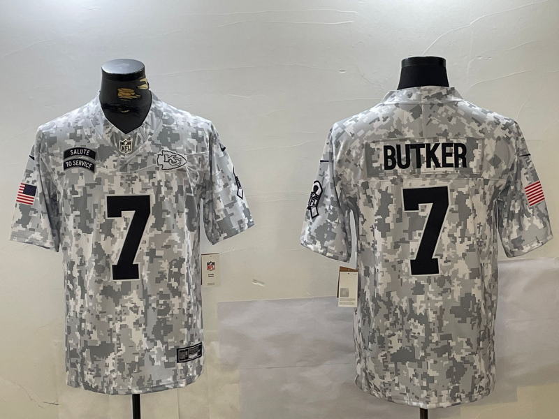 Men's Kansas City Chiefs Harrison Butker #7 Arctic Camo 2024 Salute to Service Limited Jersey1