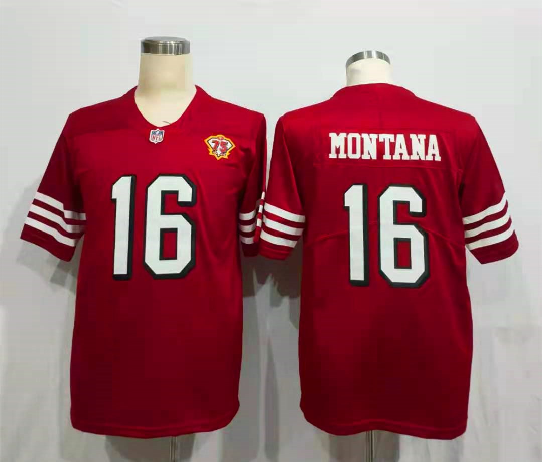 Men's San Francisco 49ers Joe Montana Red 75th Anniversary Game Player Jersey1