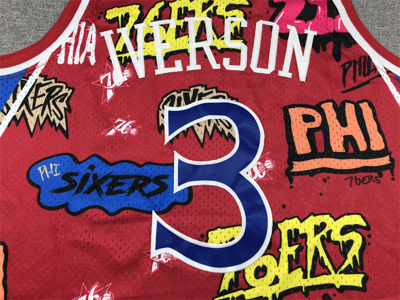 Men's Philadelphia 76ers Allen Iverson #3 Red Swingman Graffiti Edition Jersey1