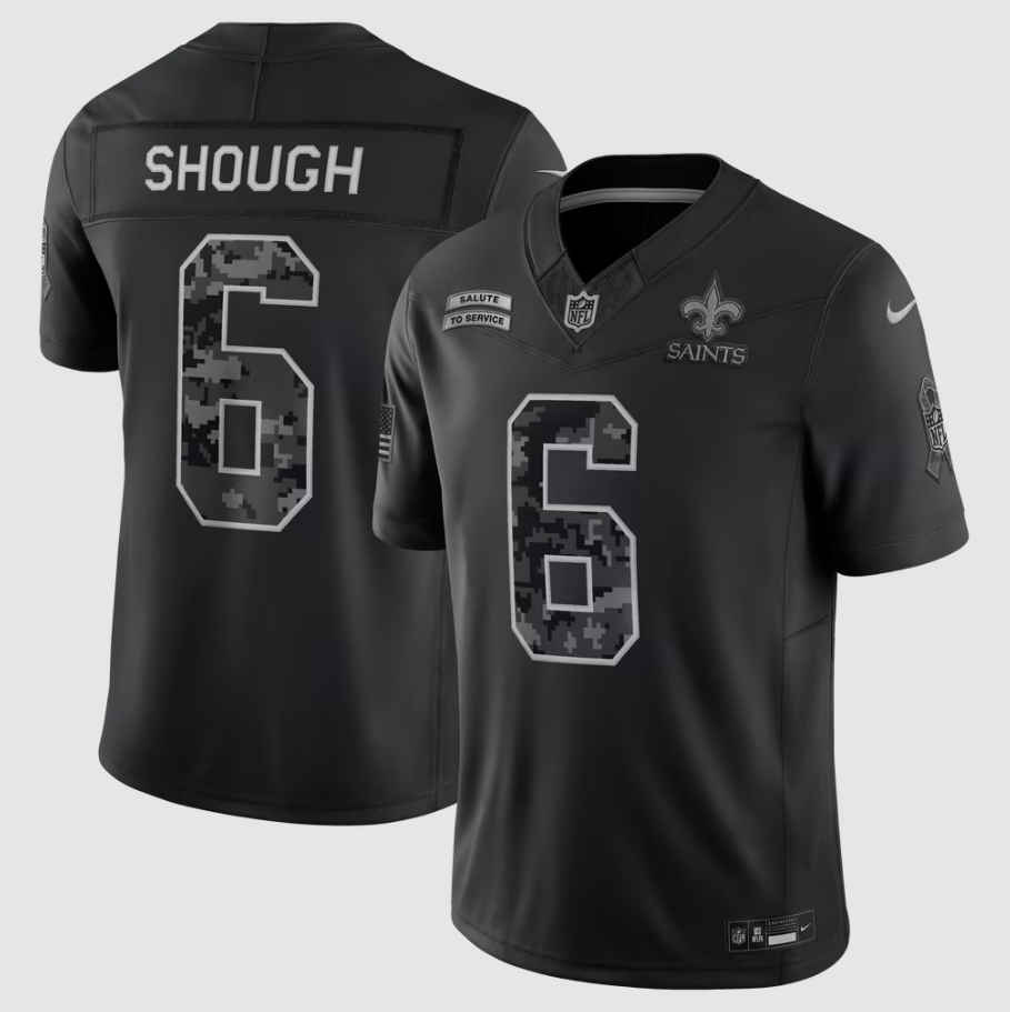 Men's New Orleans Saints Tyler Shough #6 Black 2026 Salute to Service Stitched Limited Jersey