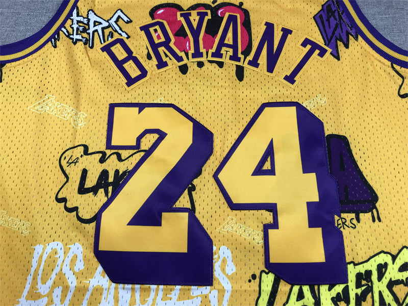 Men's Los Angeles Lakers Kobe Bryant #24 Yellow Swingman Graffiti Edition Jersey1