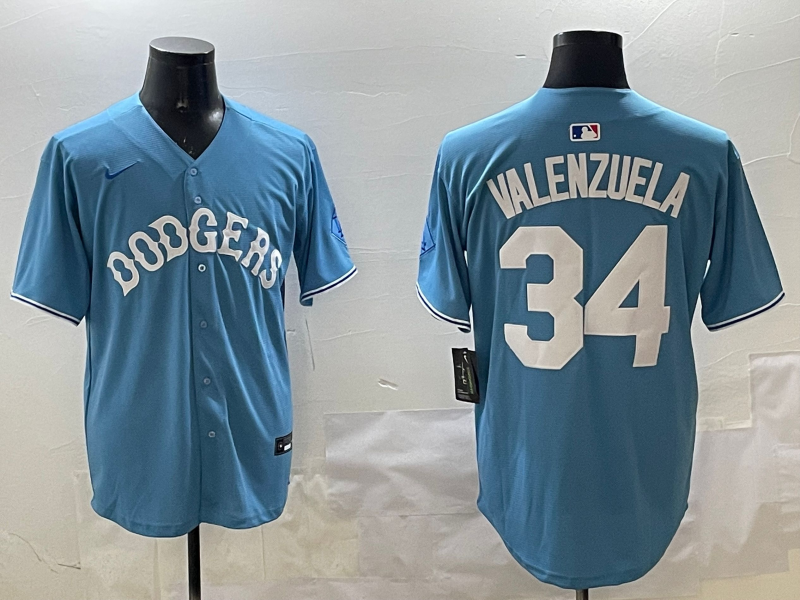 Men's Los Angeles Dodgers Fernando Valenzuela #34 Light Blue Limited Player Jersey1
