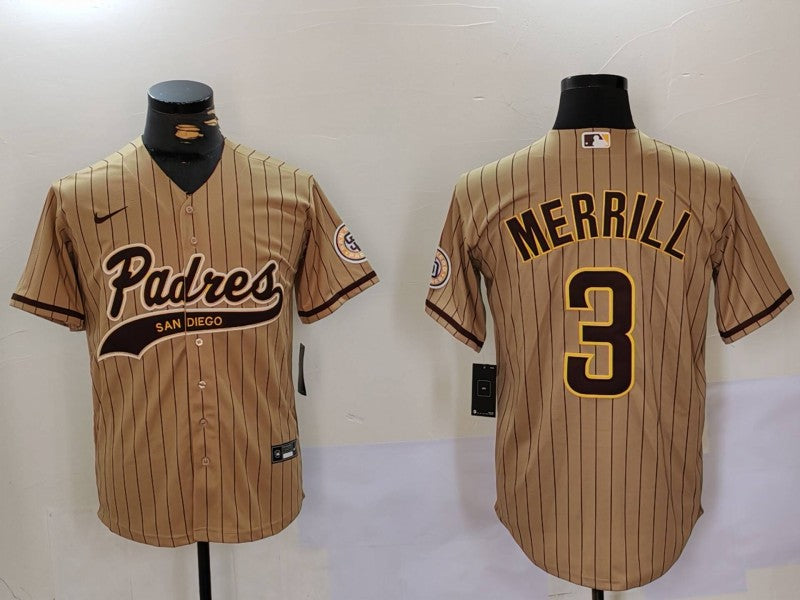 Men's San Diego Padres Jackson Merrill #3 Tan Alternate Replica Player Jersey1